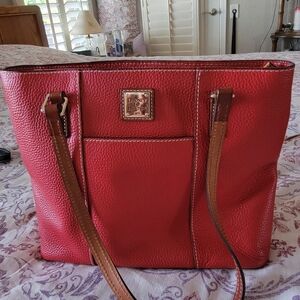 Dooney & Bourke Red Pebbled Leather Tote with Brown Straps and Gold Logo